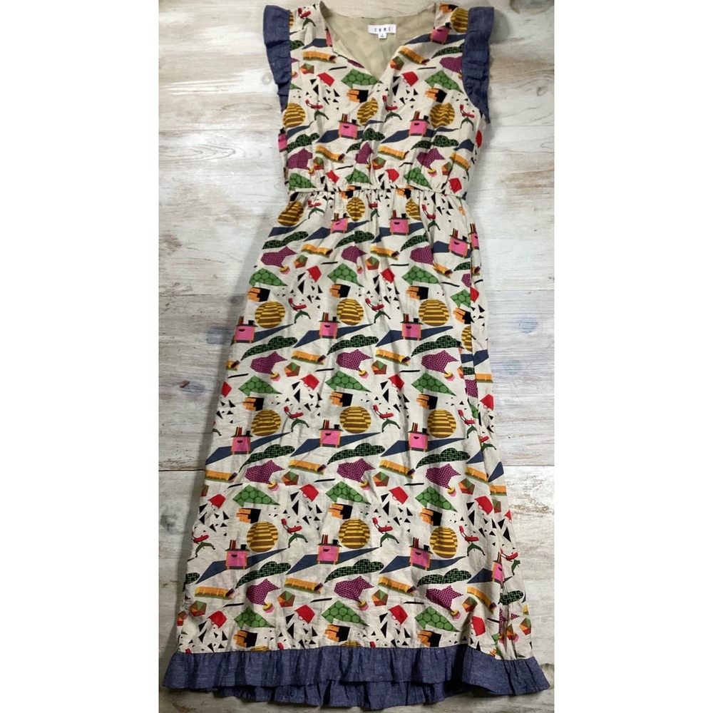 THML Women Small Abstract Geometric Maxi Dress Ruffle Sleeve Multi-Color V-Neck